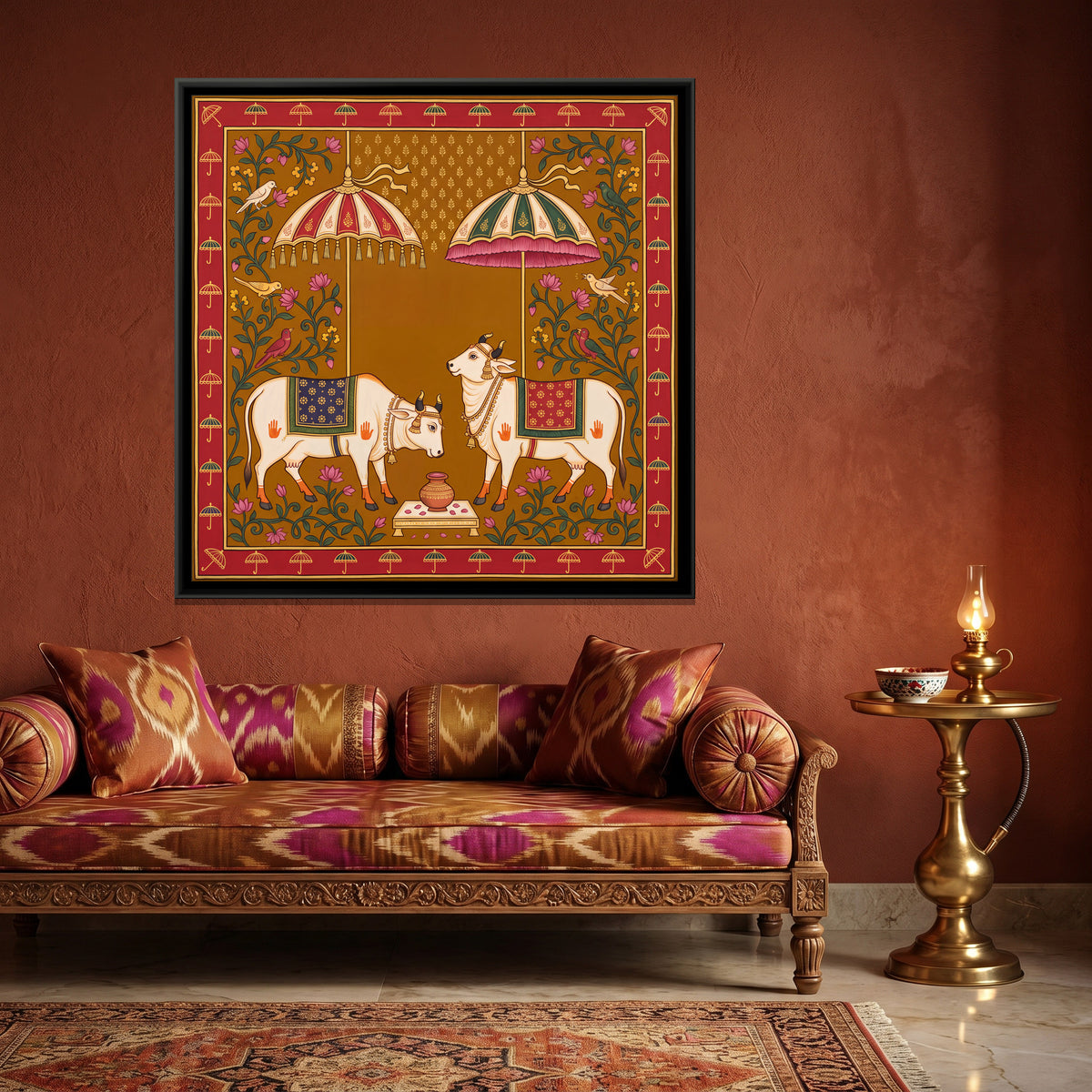 Two Cows Beneath Parasols - canvas art shown in a styled room