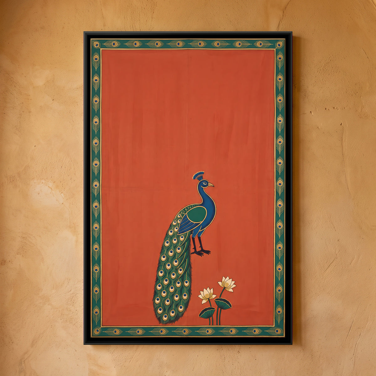 Peacock with Lotus Flowers - framed canvas art hung on a wall