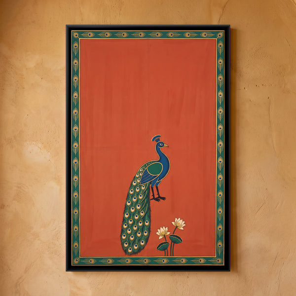 Peacock with Lotus Flowers in Coral