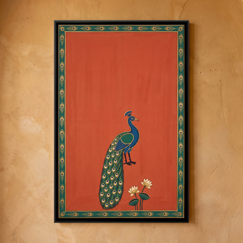 Peacock with Lotus Flowers - framed canvas art hung on a wall