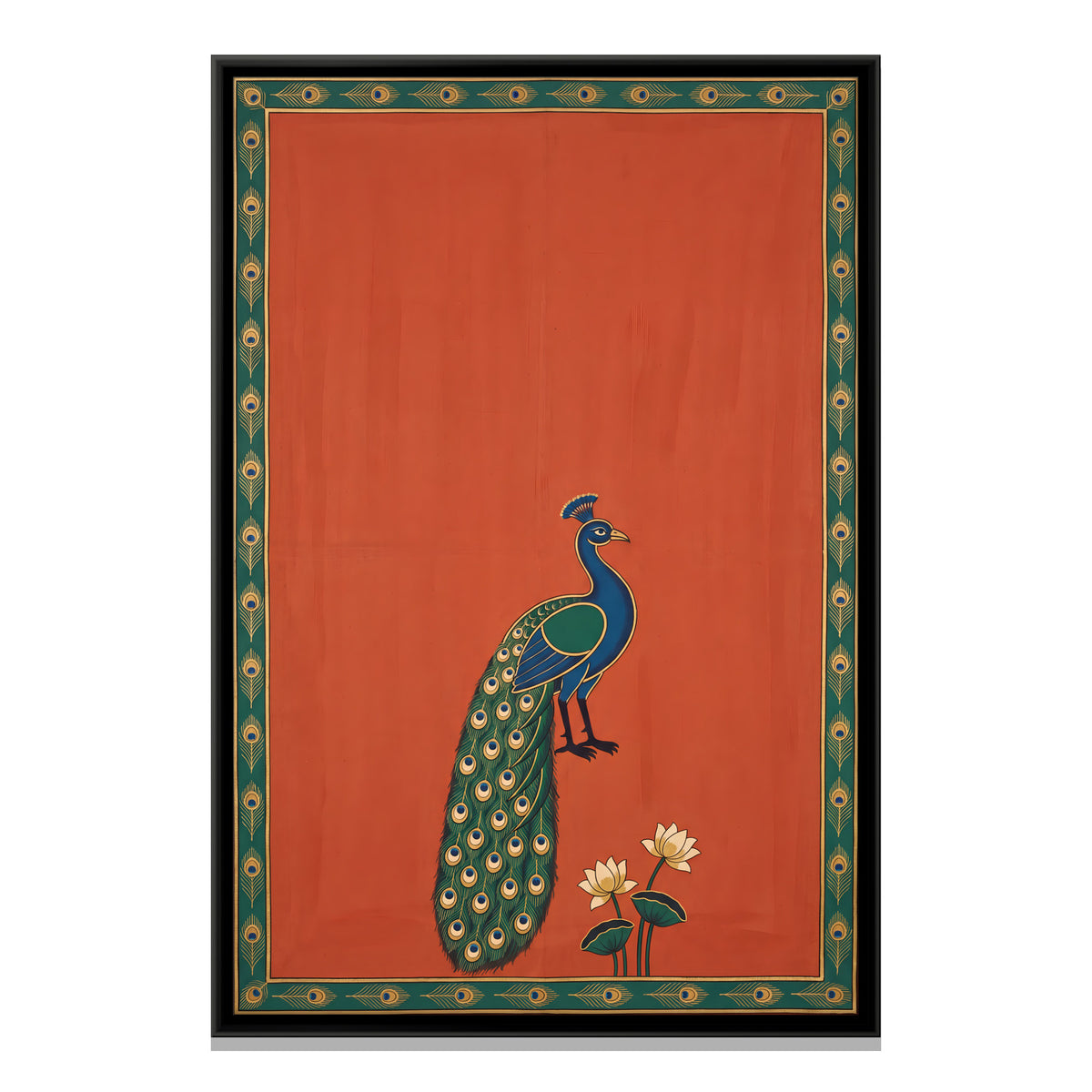 Peacock with Lotus Flowers - framed canvas print, front view