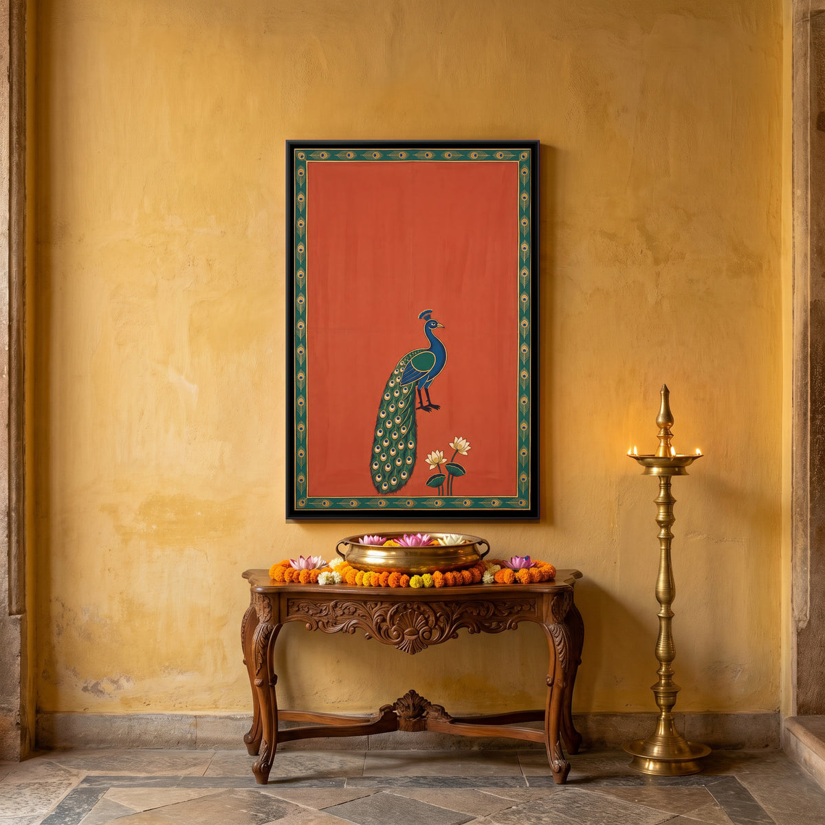 Peacock with Lotus Flowers - canvas art shown in a styled room
