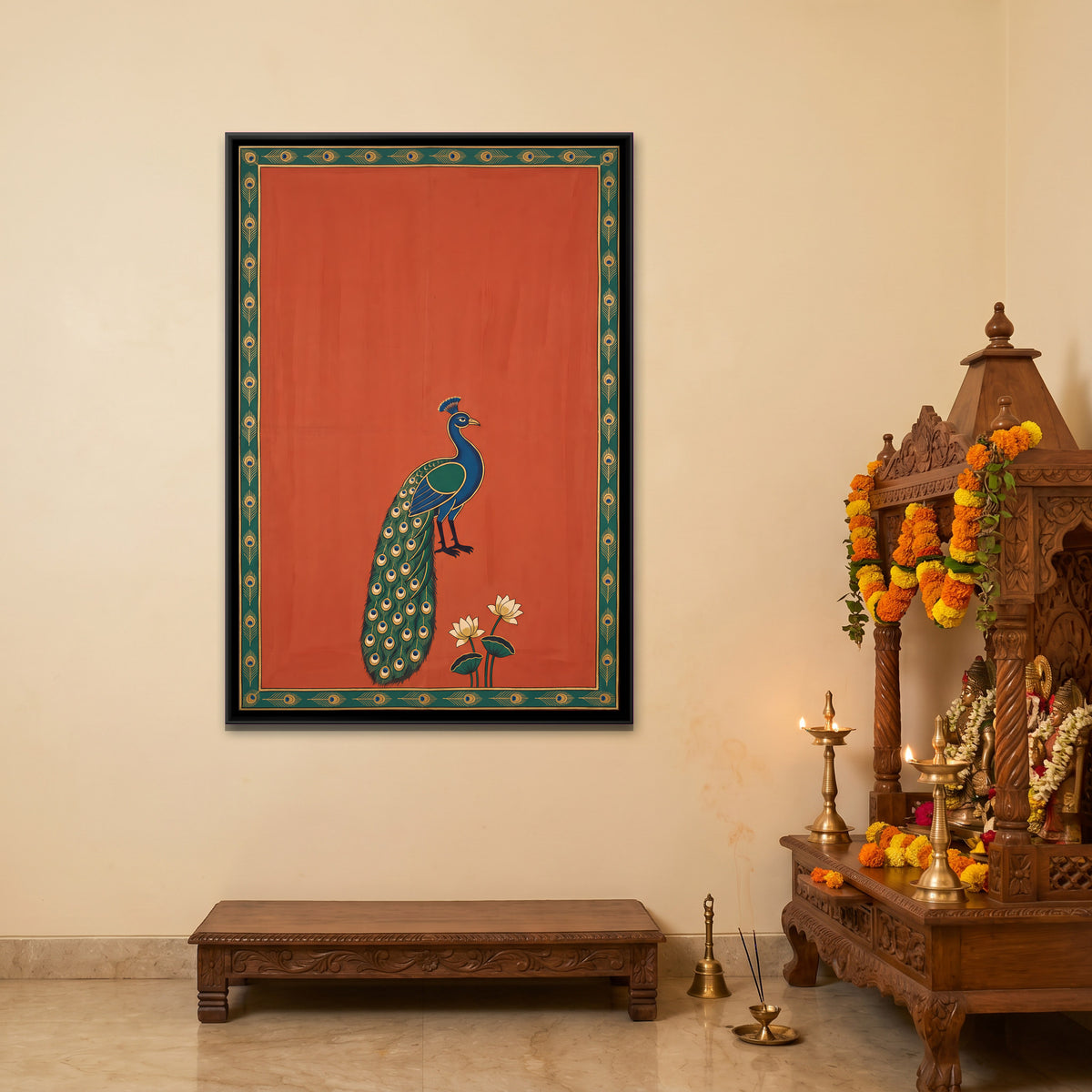 Peacock with Lotus Flowers - canvas art shown in a second room setting