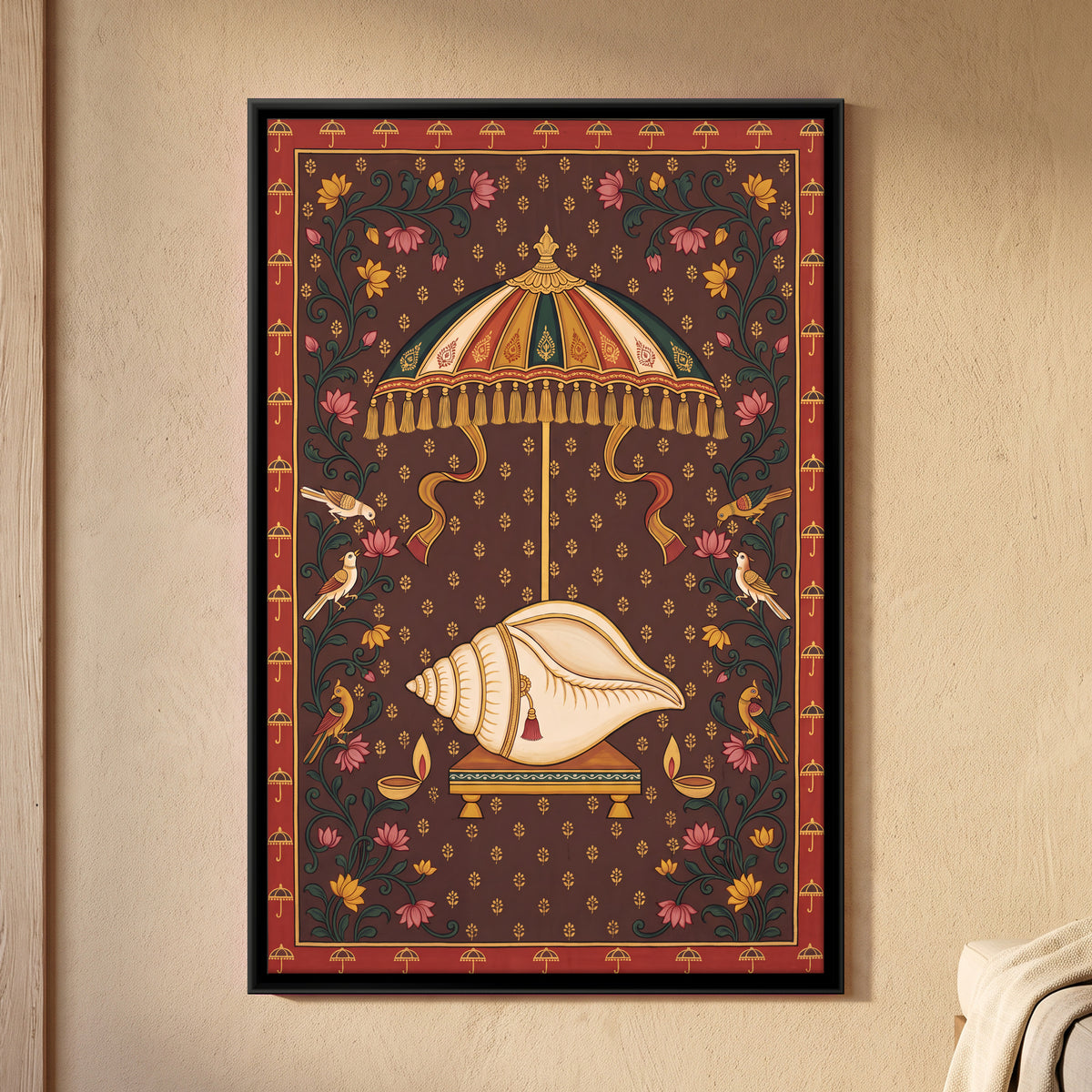Conch Beneath a Parasol - framed canvas art hung on a wall