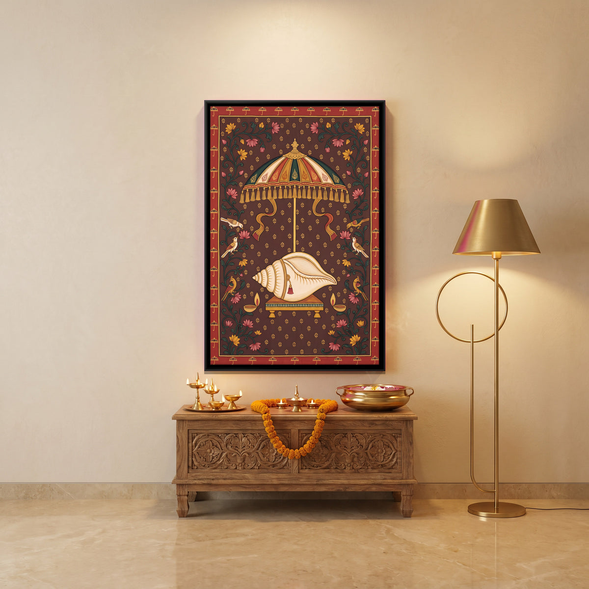 Conch Beneath a Parasol - canvas art shown in a styled room