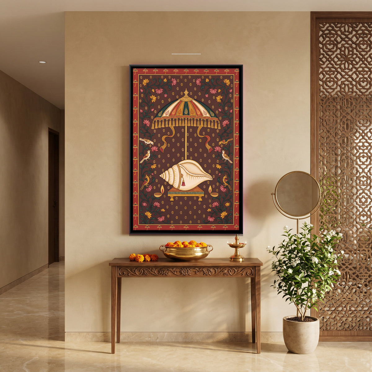 Conch Beneath a Parasol - canvas art shown in a second room setting