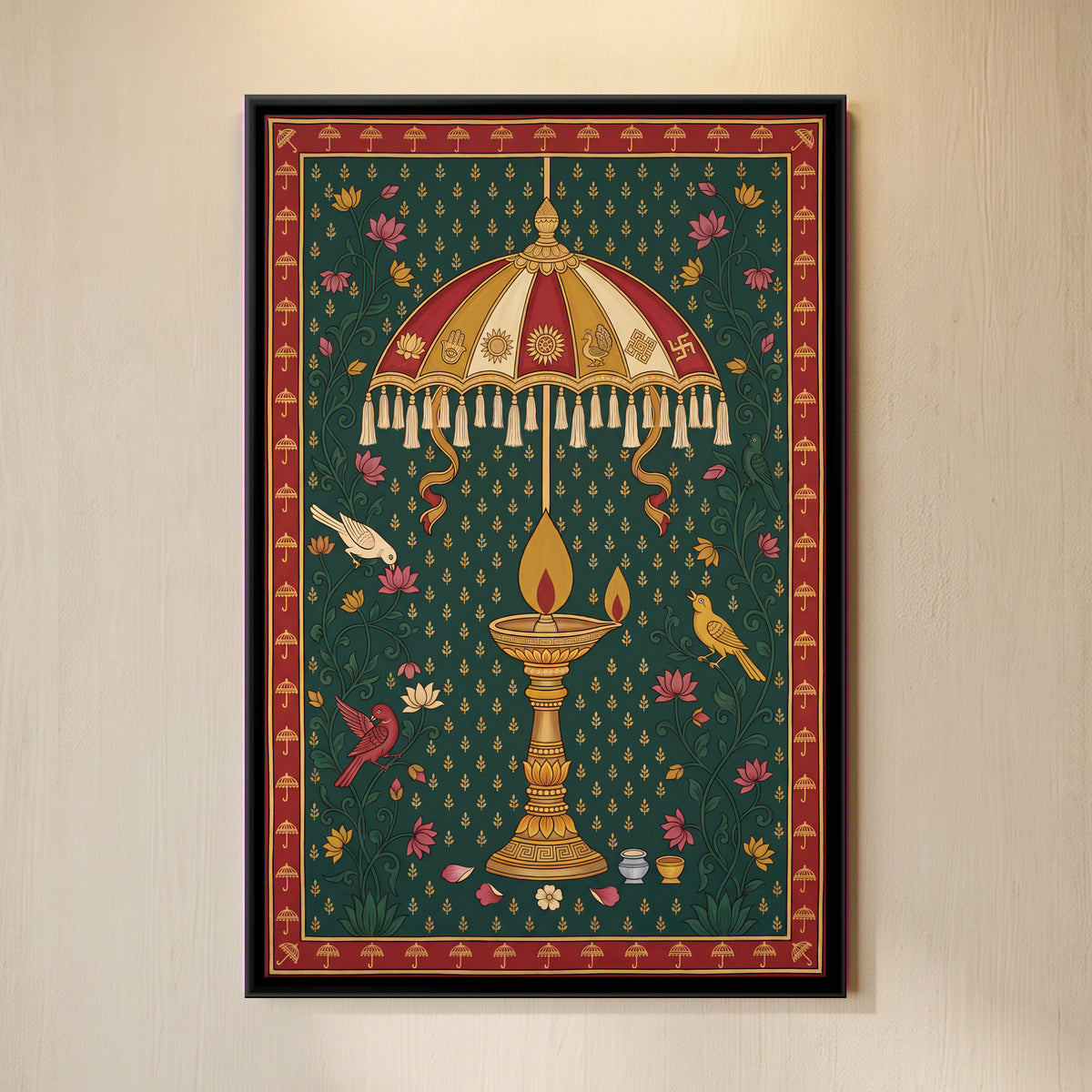 Oil Lamp Beneath a Parasol - framed canvas art hung on a wall