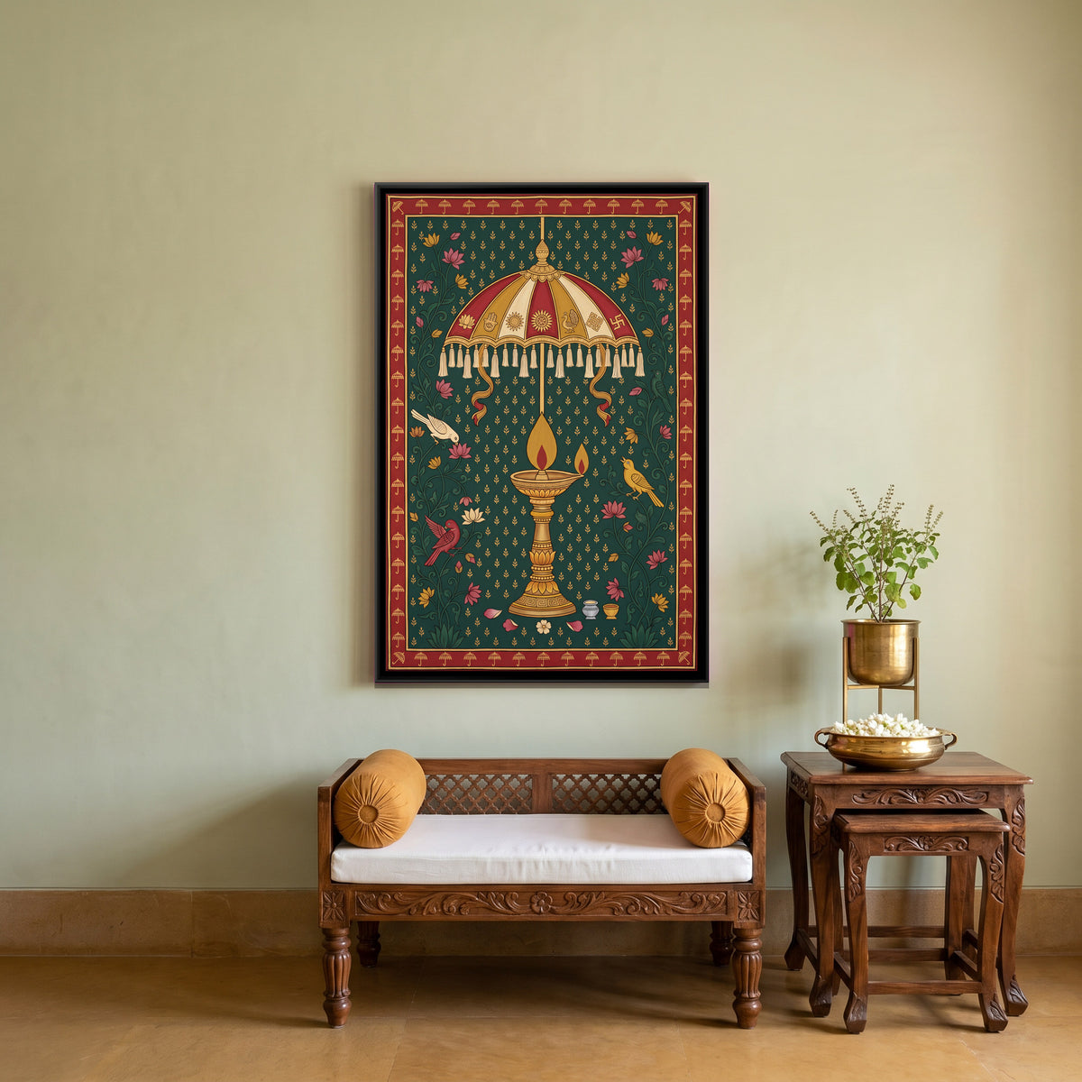 Oil Lamp Beneath a Parasol - canvas art shown in a styled room