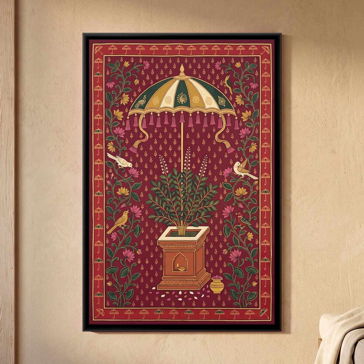 Tulsi Beneath a Parasol - framed canvas art hung on a wall