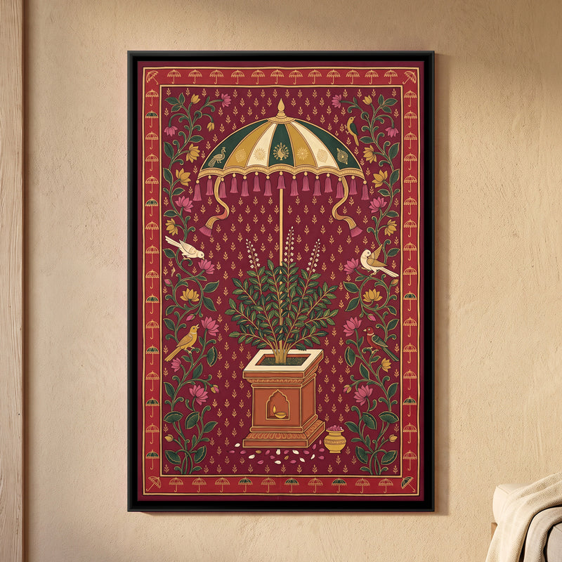 Tulsi Beneath a Parasol - framed canvas art hung on a wall