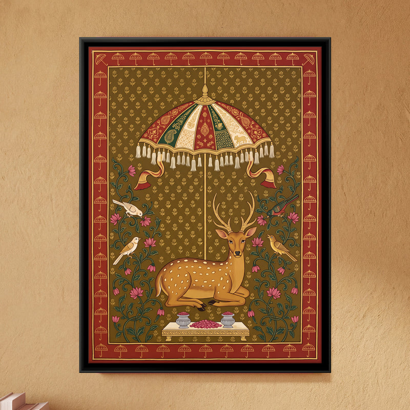 Deer Beneath a Parasol - framed canvas art hung on a wall