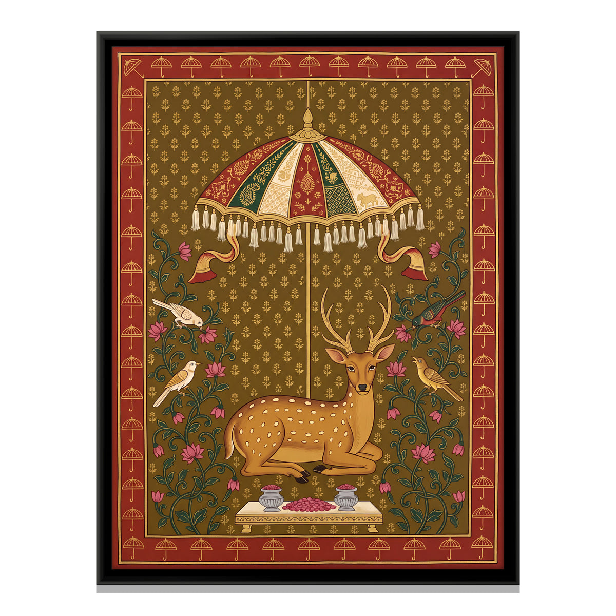 Deer Beneath a Parasol - framed canvas print, front view