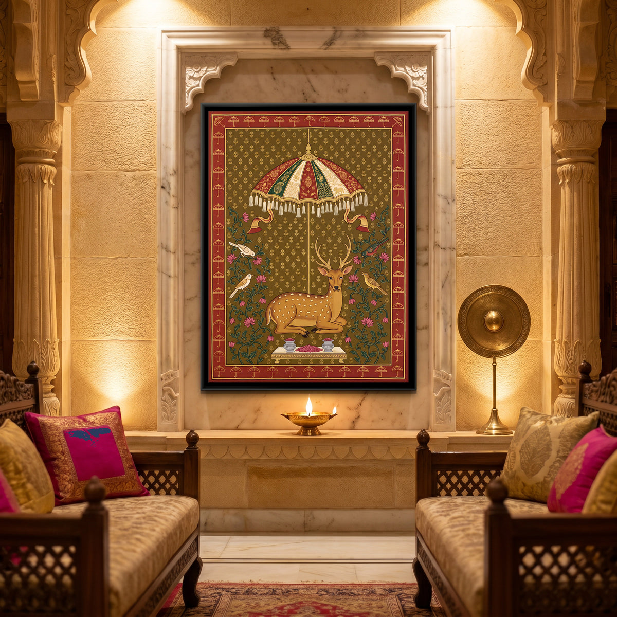 Deer Beneath a Parasol - canvas art shown in a second room setting