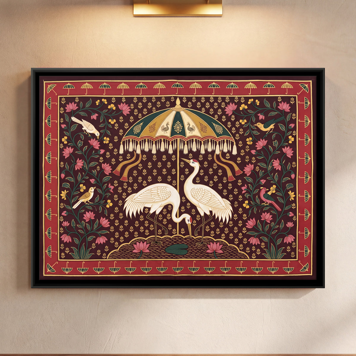 Cranes Beneath a Parasol - framed canvas art hung on a wall