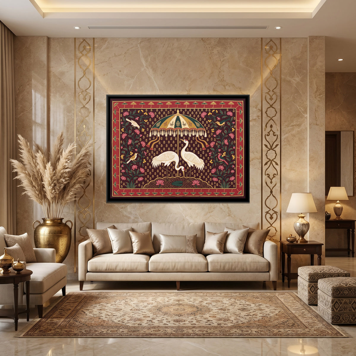 Cranes Beneath a Parasol - canvas art shown in a second room setting