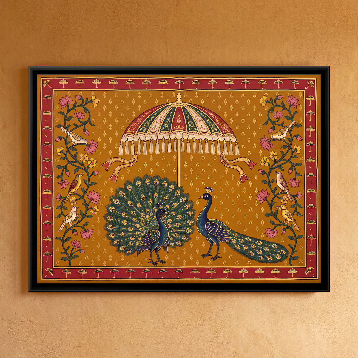Peacocks Beneath a Parasol - framed canvas art hung on a wall