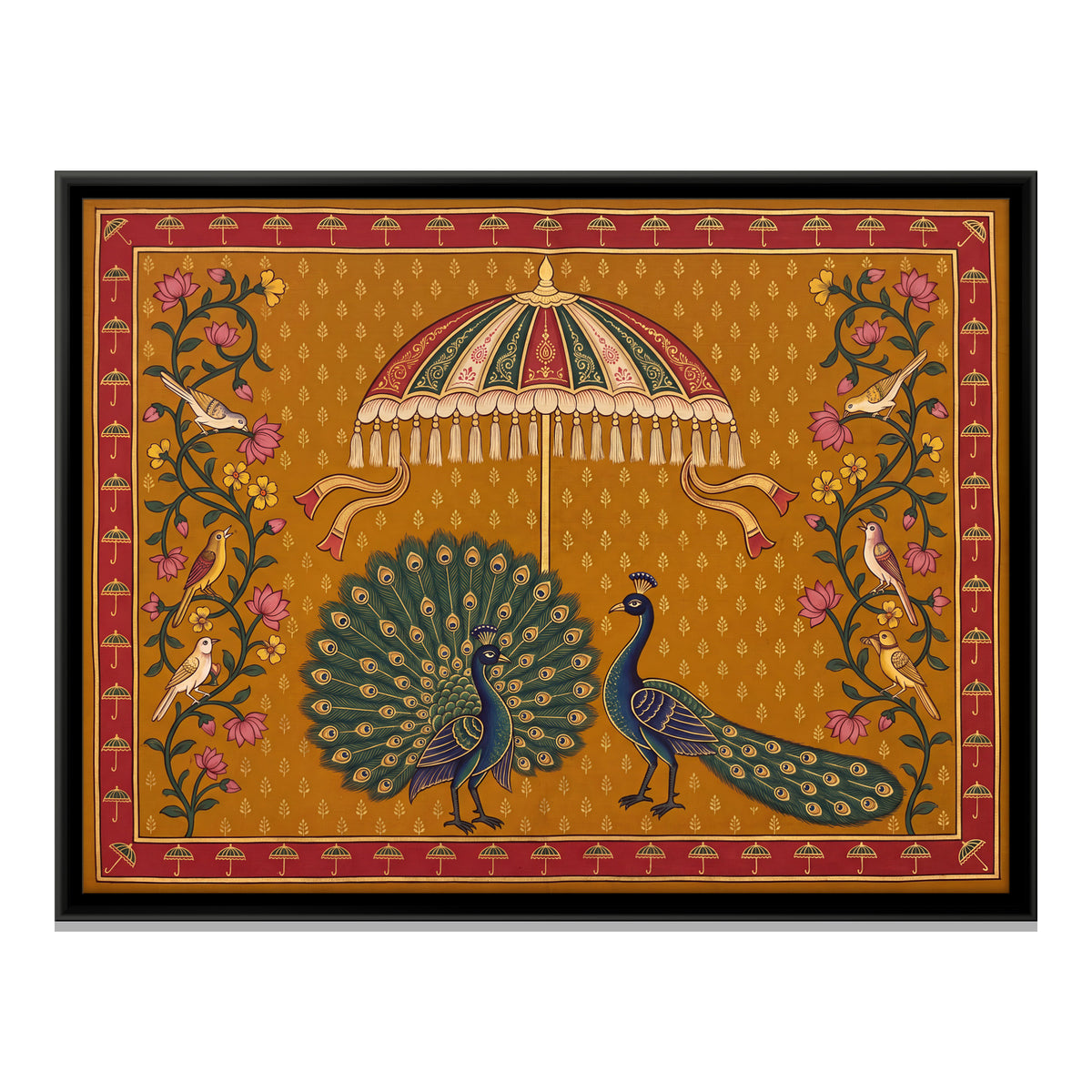 Peacocks Beneath a Parasol - framed canvas print, front view