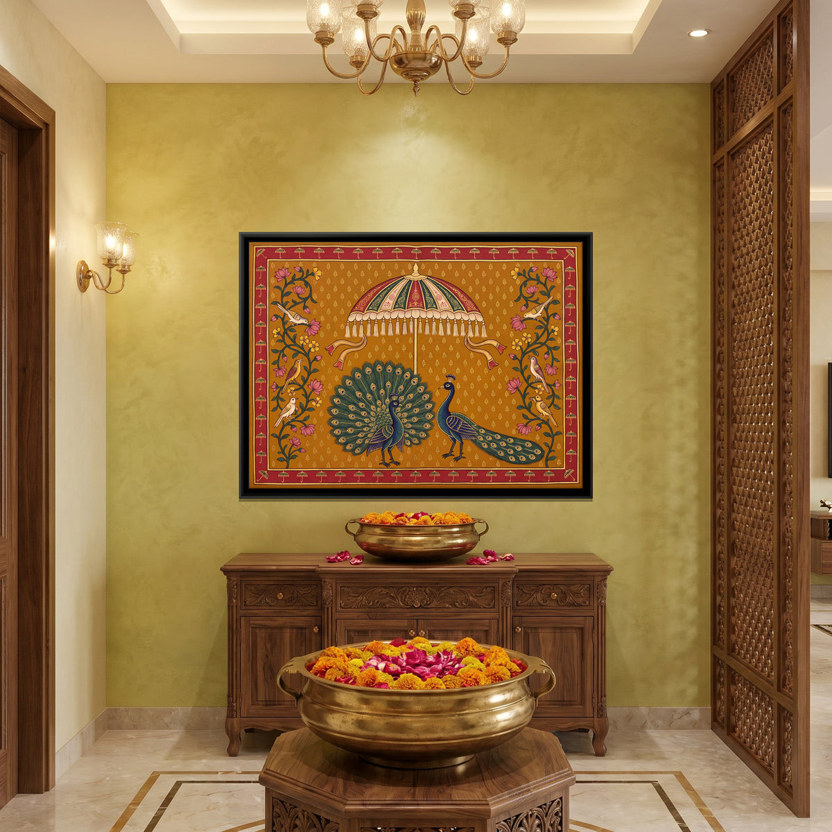 Peacocks Beneath a Parasol - canvas art shown in a styled room