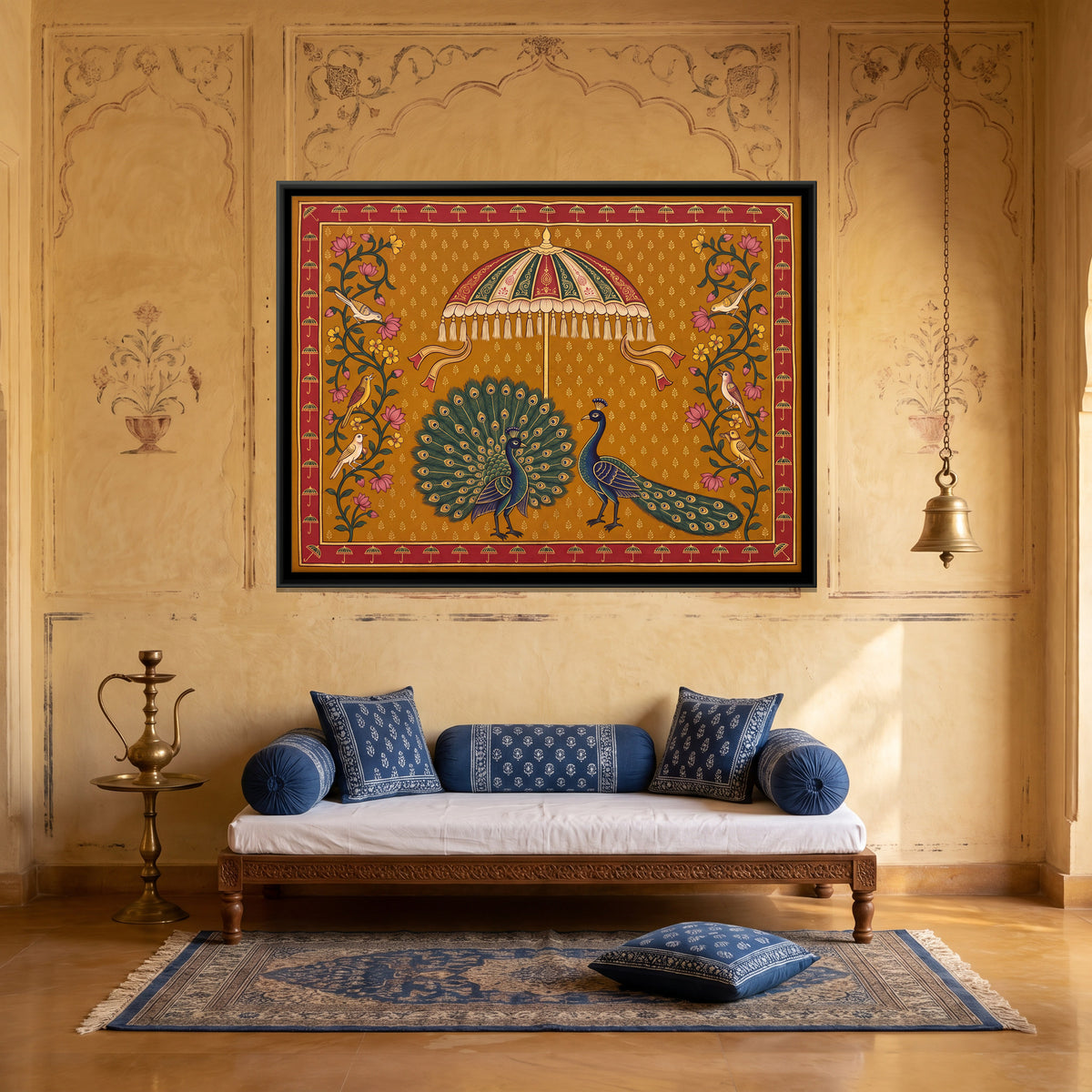 Peacocks Beneath a Parasol - canvas art shown in a second room setting