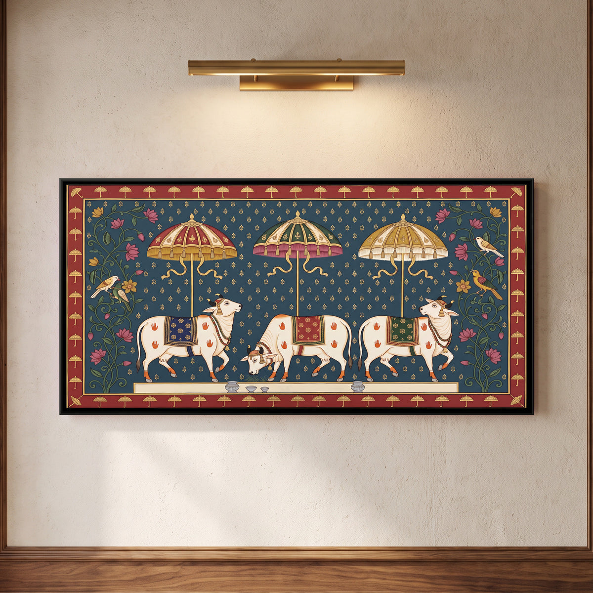 Three Cows Beneath Parasols - framed canvas art hung on a wall