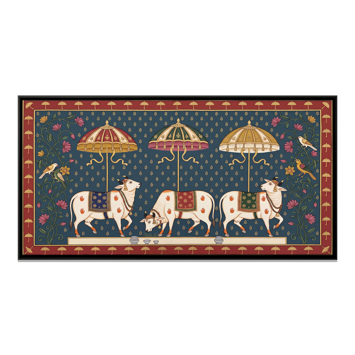 Three Cows Beneath Parasols - framed canvas print, front view