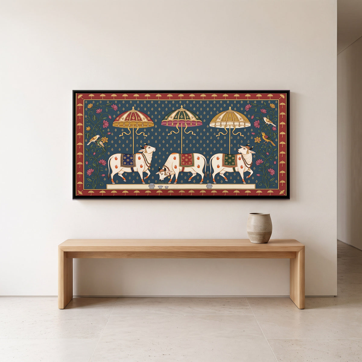 Three Cows Beneath Parasols - canvas art shown in a second room setting