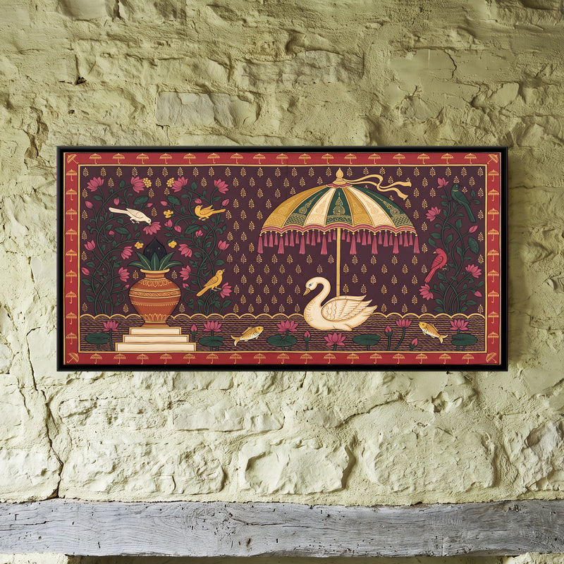 Swan and Kalash Beneath a Parasol - framed canvas art hung on a wall