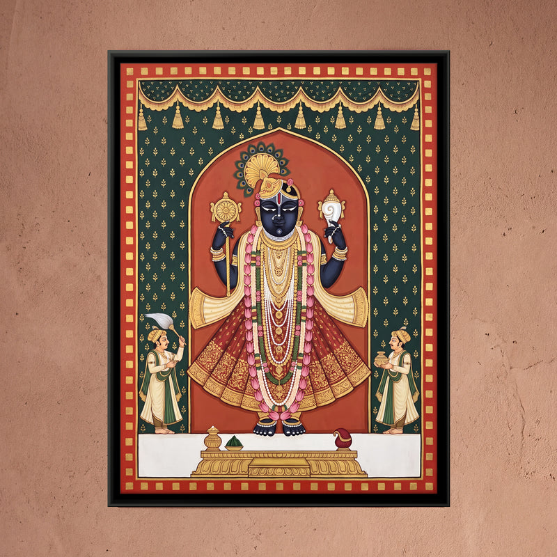 Dwarkadhish with Attendants - framed canvas art hung on a wall