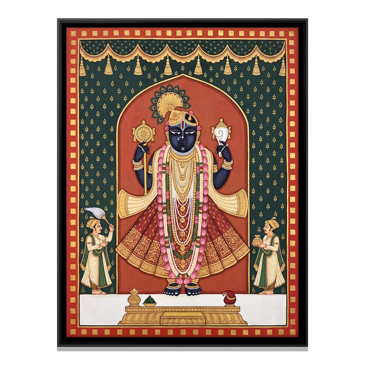 Dwarkadhish with Attendants - framed canvas print, front view