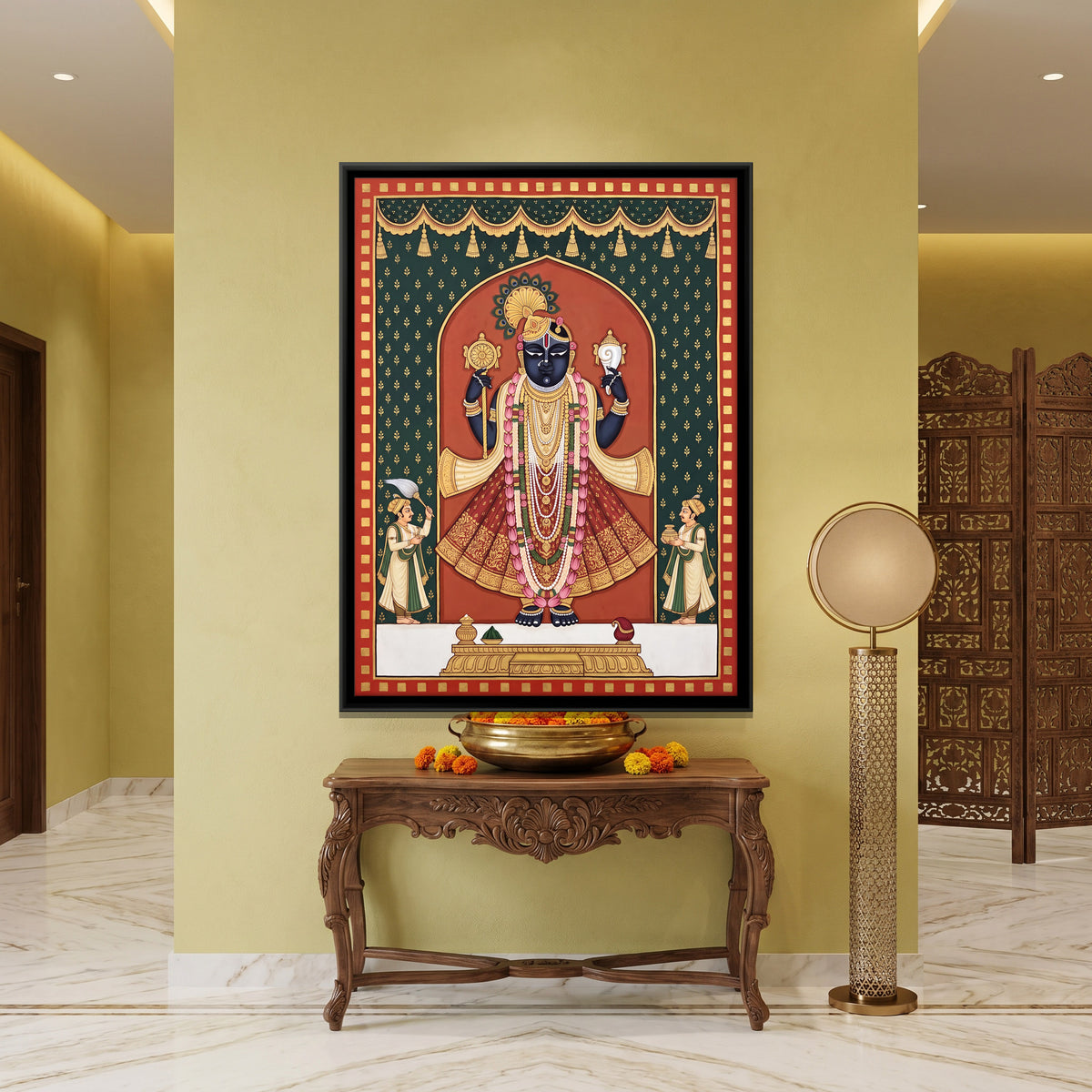 Dwarkadhish with Attendants - canvas art shown in a second room setting