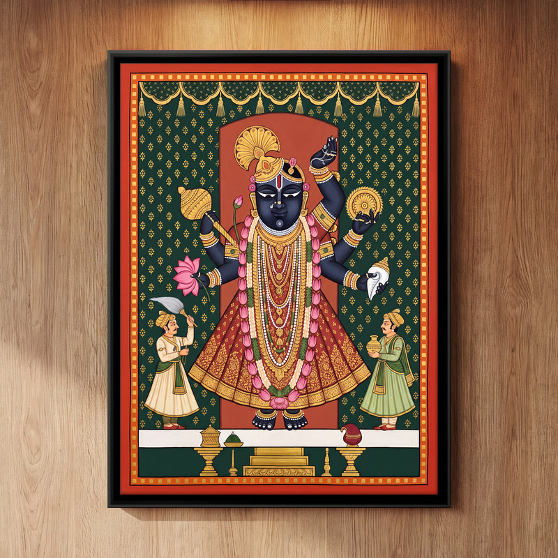 Dwarkadhish with Attendants - framed canvas art hung on a wall