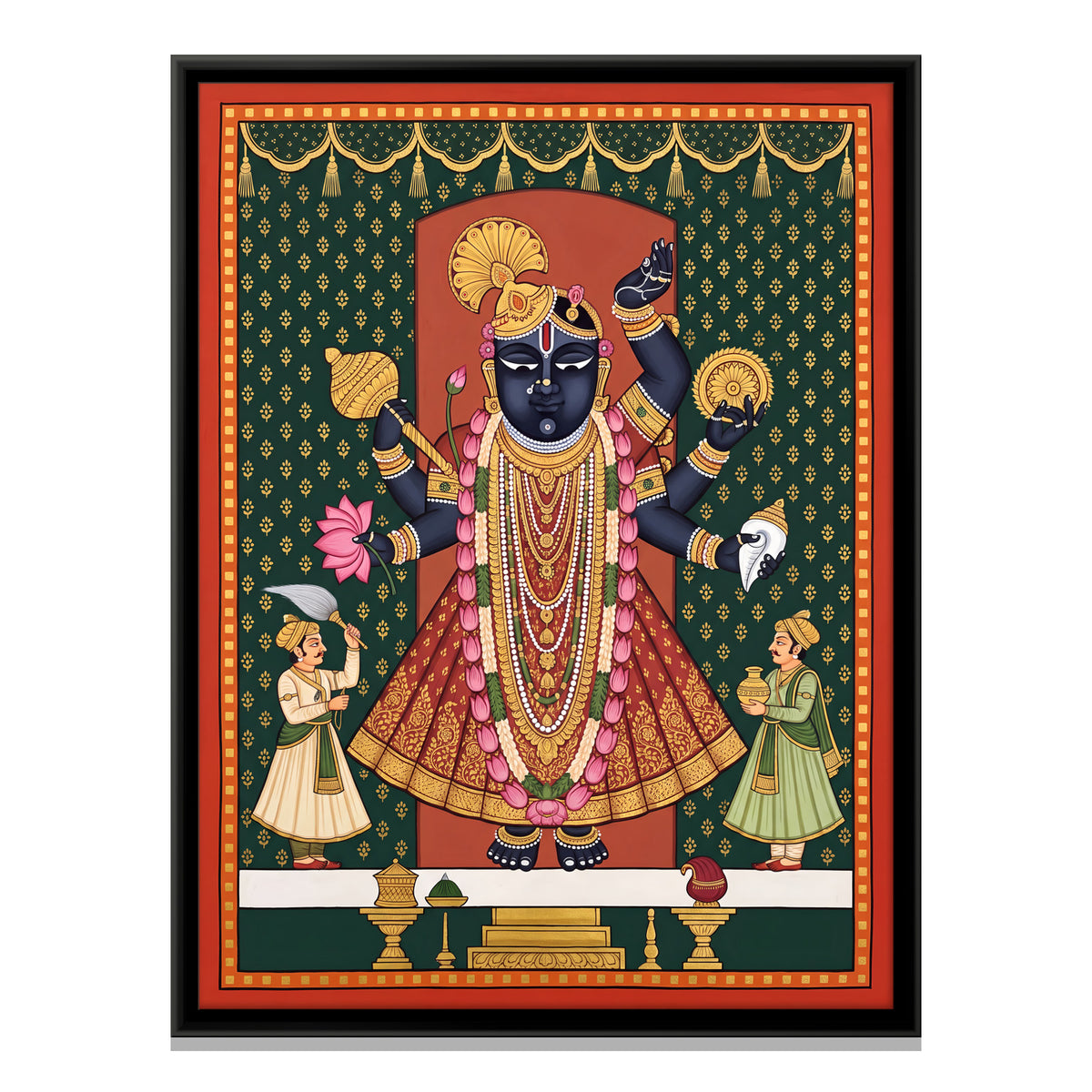 Dwarkadhish with Attendants - framed canvas print, front view