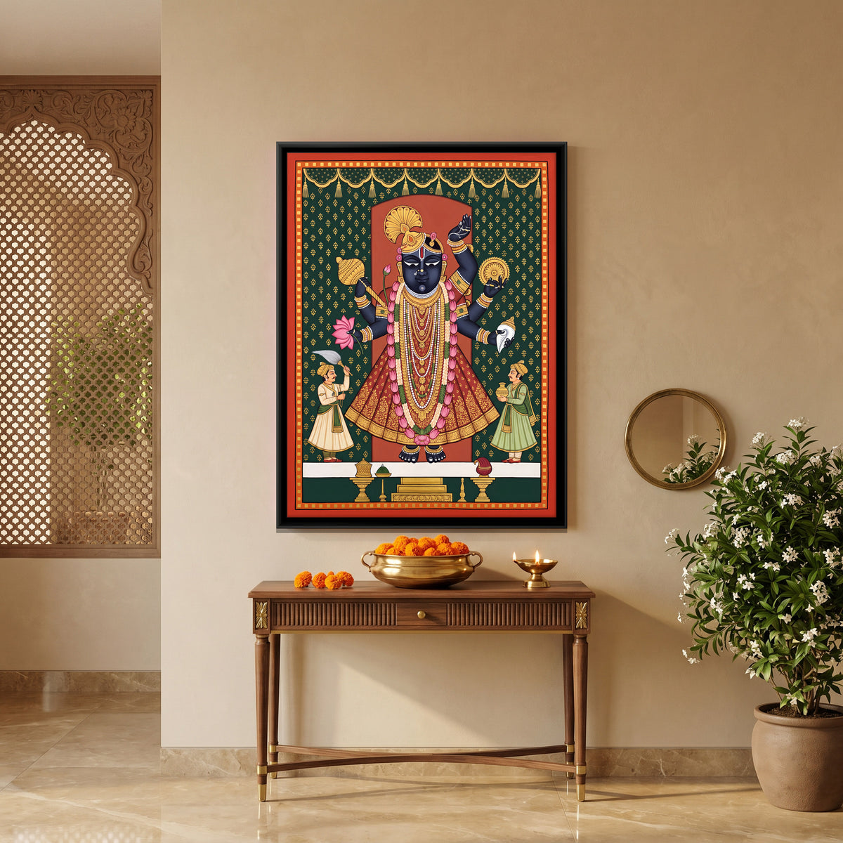 Dwarkadhish with Attendants - canvas art shown in a second room setting