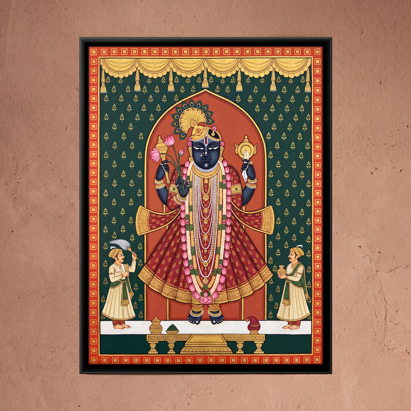 Dwarkadhish with Attendants - framed canvas art hung on a wall