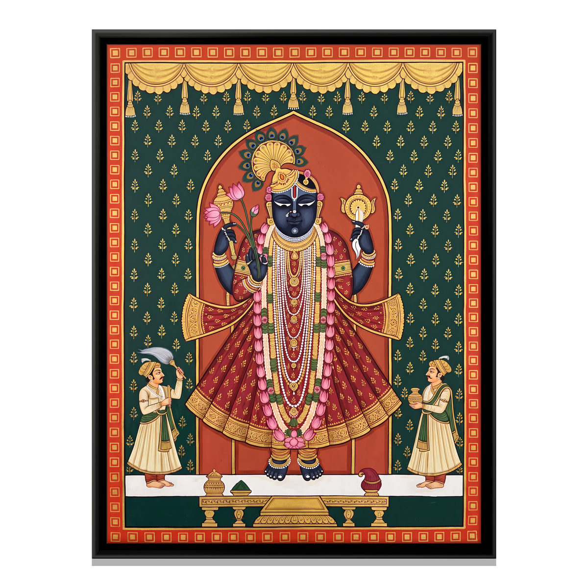 Dwarkadhish with Attendants - framed canvas print, front view