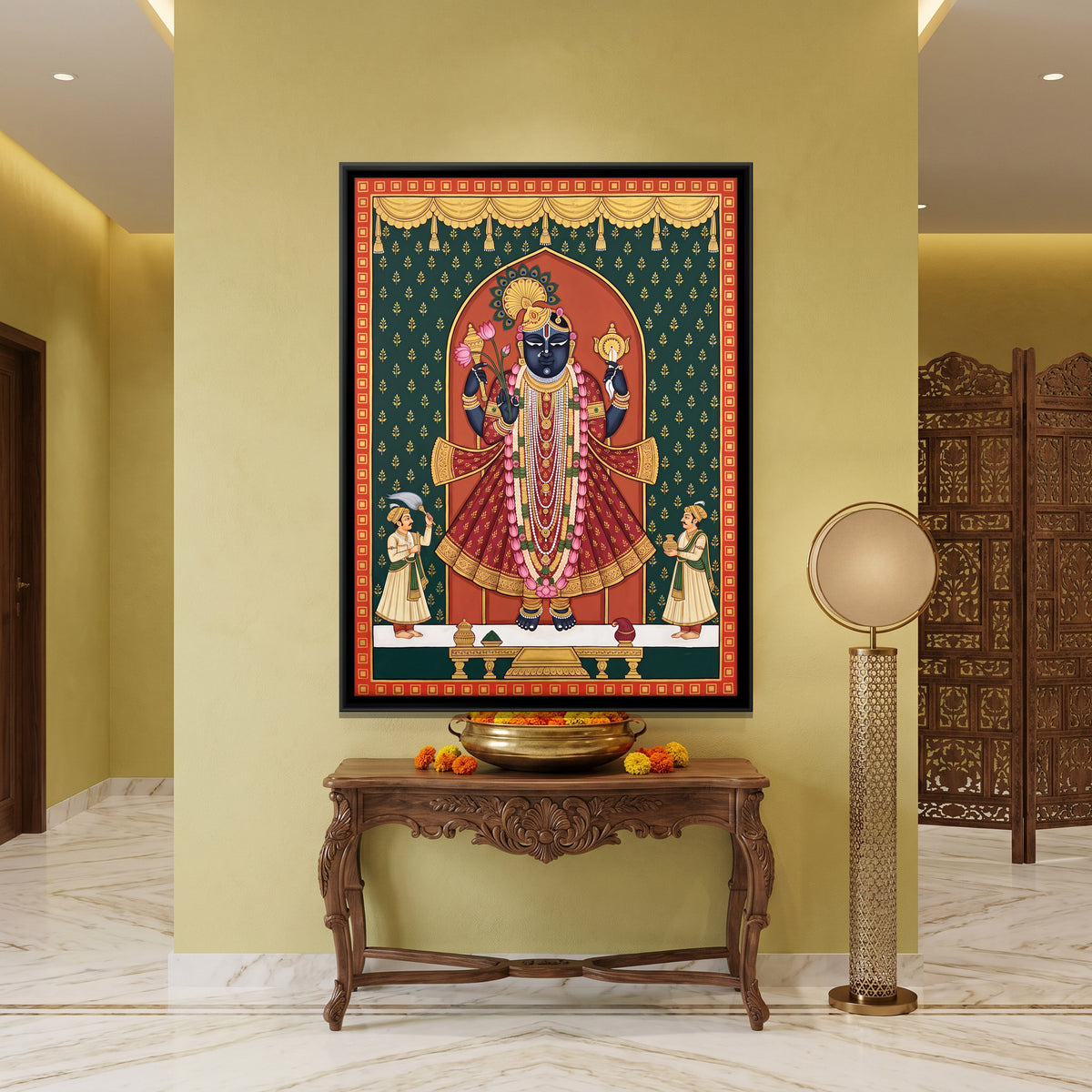 Dwarkadhish with Attendants - canvas art shown in a second room setting