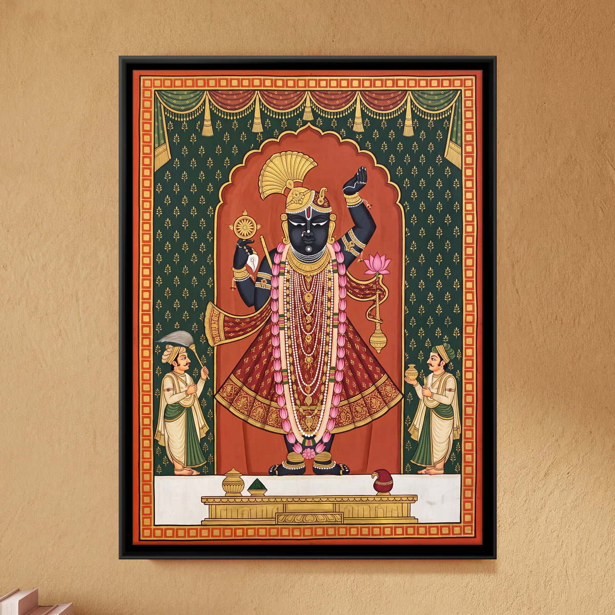 Dwarkadhish with Attendants - framed canvas art hung on a wall