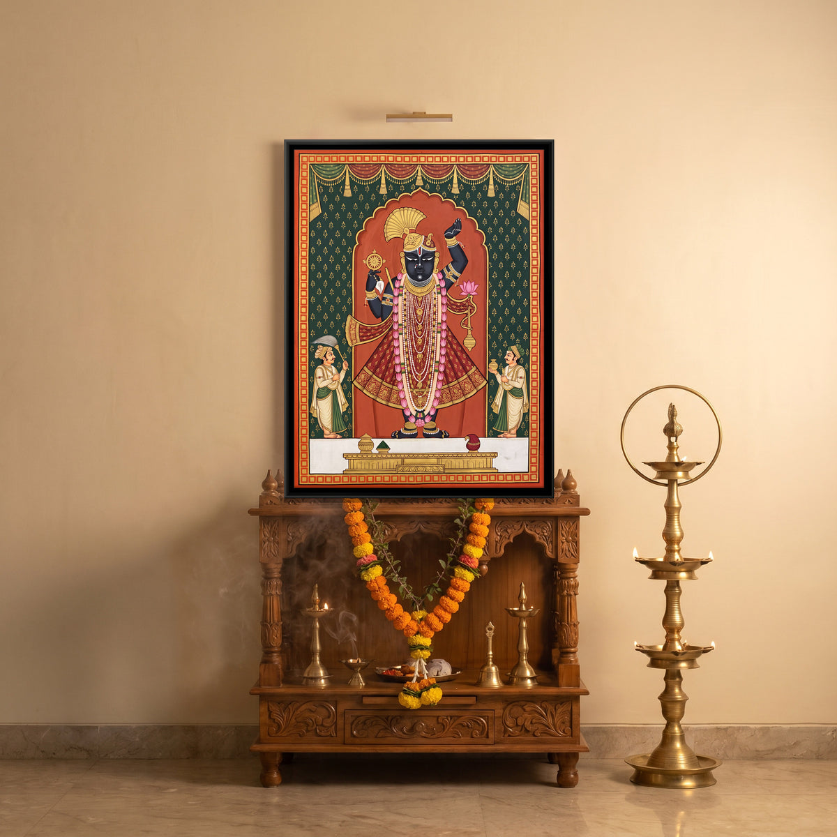 Dwarkadhish with Attendants - canvas art shown in a styled room