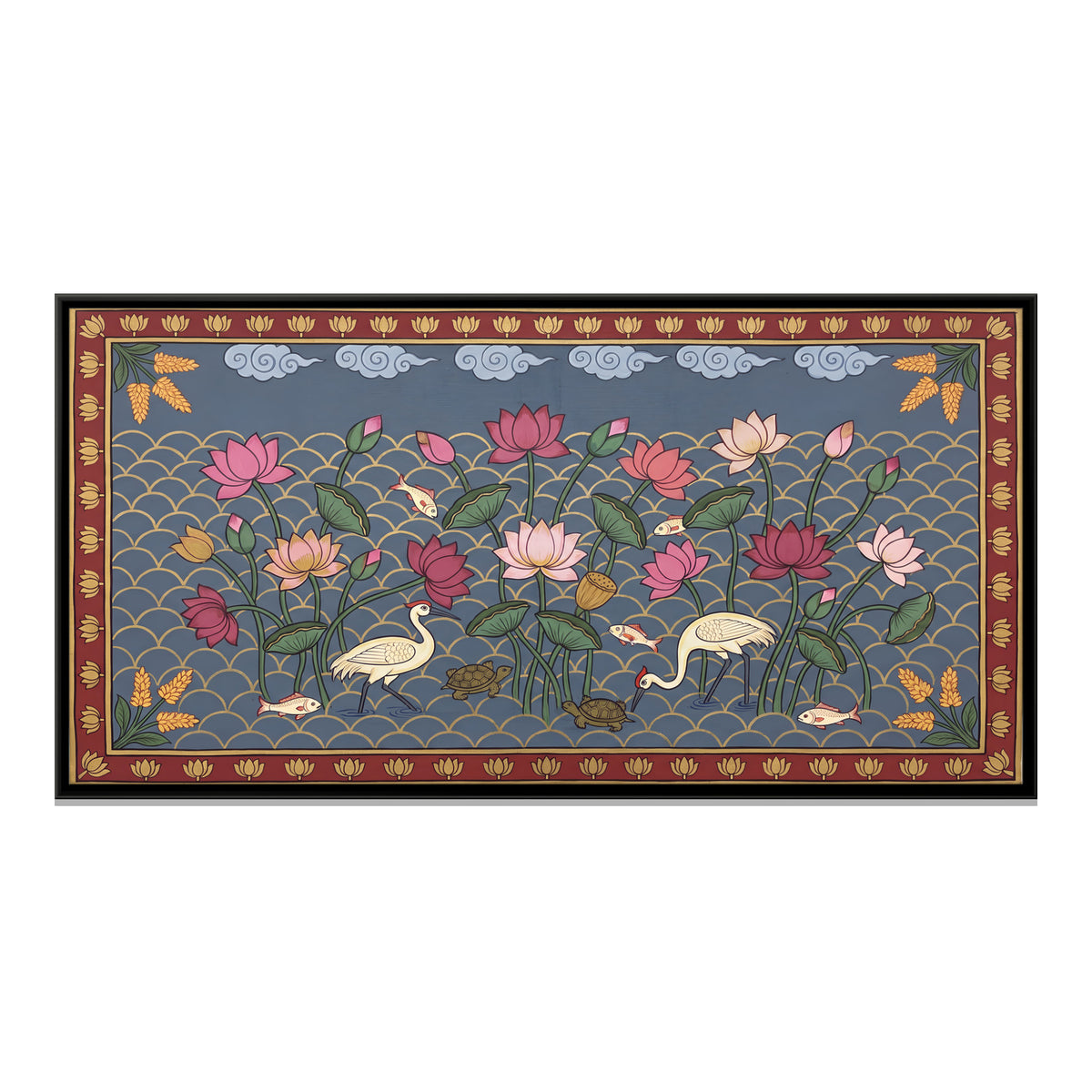Cranes Among Lotus - framed canvas print, front view