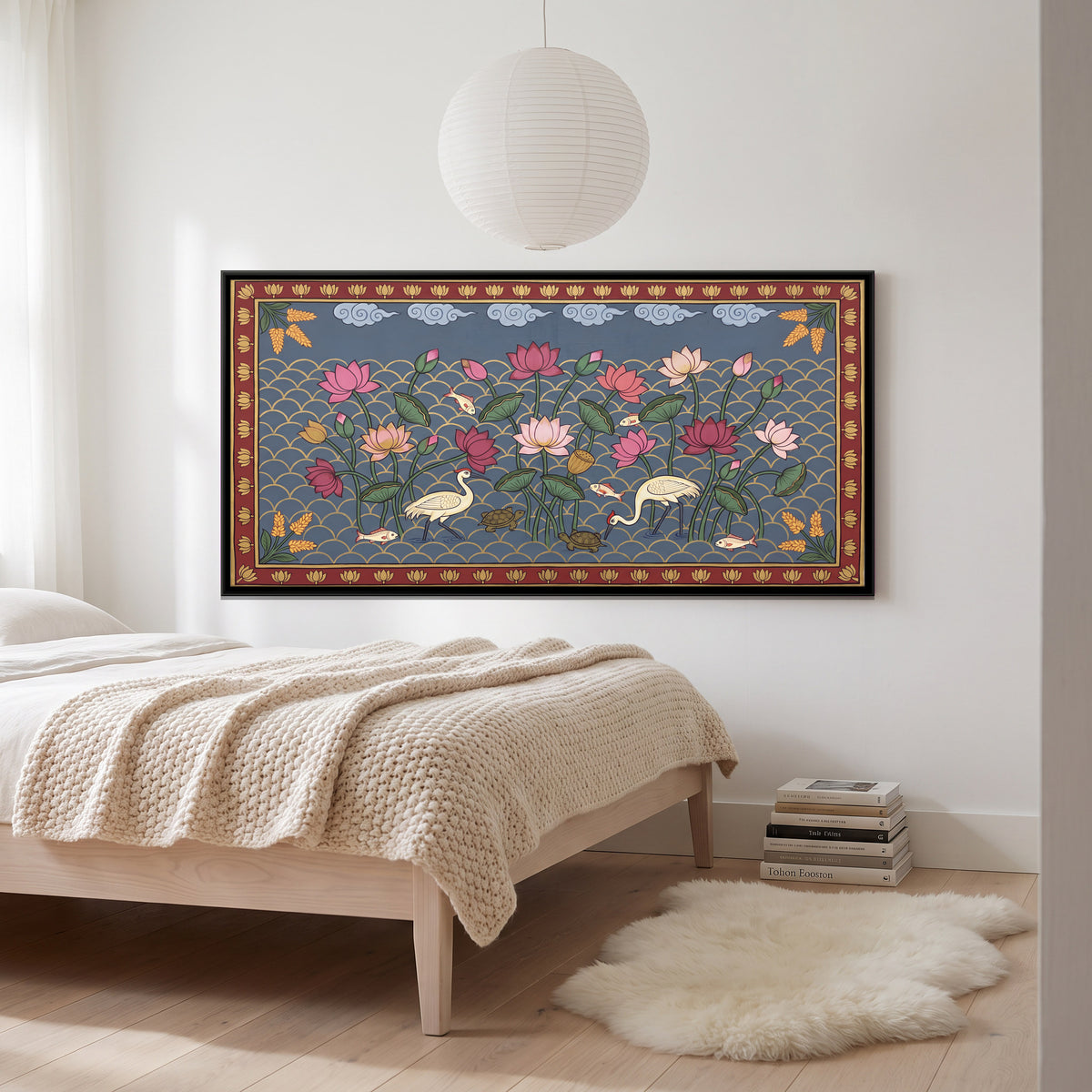 Cranes Among Lotus - canvas art shown in a styled room