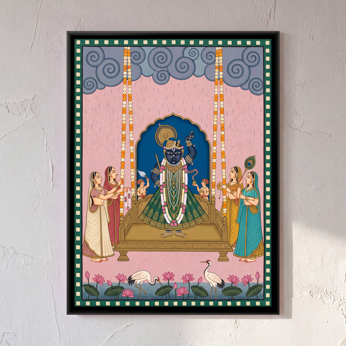 Shrinathji on the Swing - framed canvas art hung on a wall
