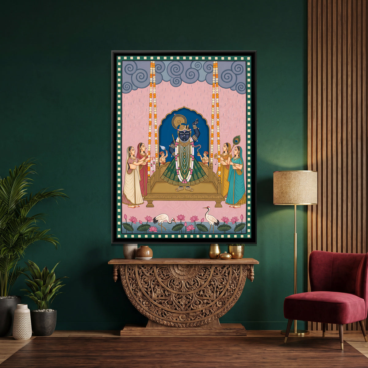 Shrinathji on the Swing - canvas art shown in a styled room