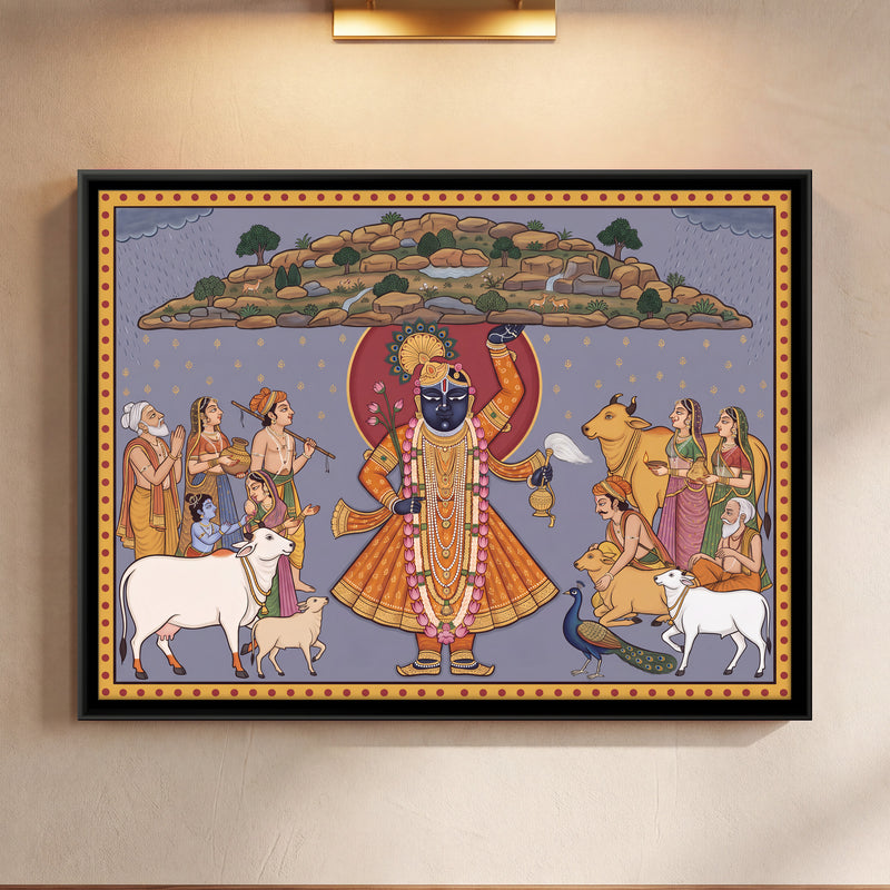 Shrinathji Lifting Govardhan Hill - framed canvas art hung on a wall