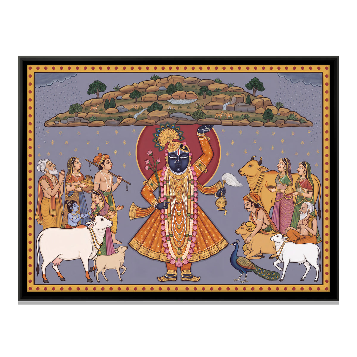 Shrinathji Lifting Govardhan Hill - framed canvas print, front view