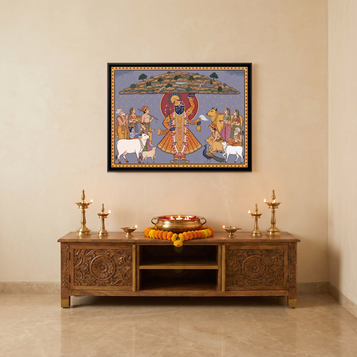Shrinathji Lifting Govardhan Hill - canvas art shown in a styled room