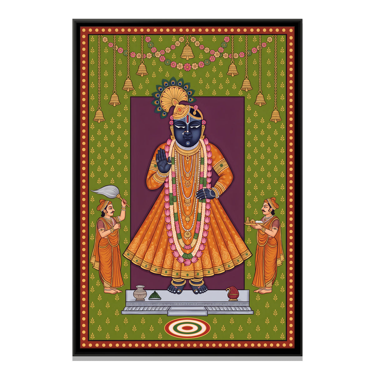 Shrinathji with Attendants - framed canvas print, front view