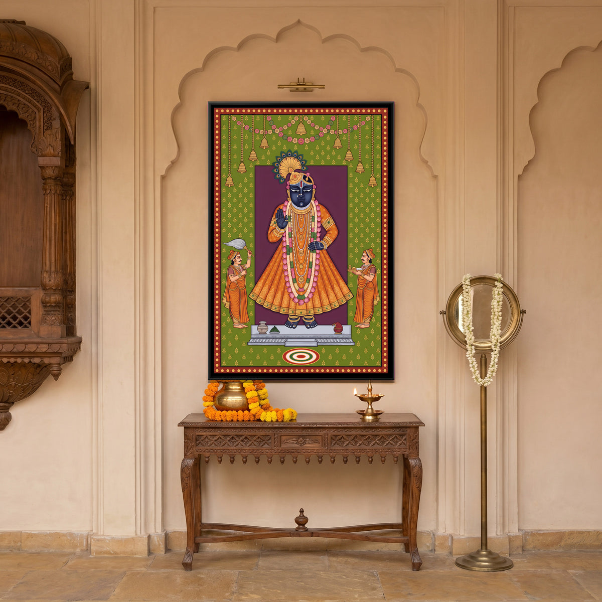 Shrinathji with Attendants - canvas art shown in a styled room
