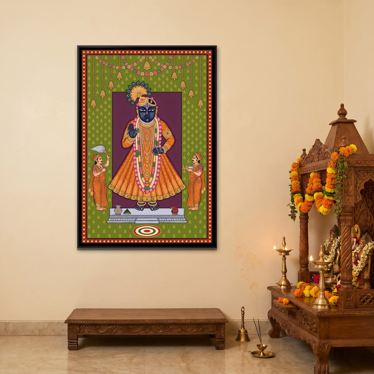 Shrinathji with Attendants - canvas art shown in a second room setting