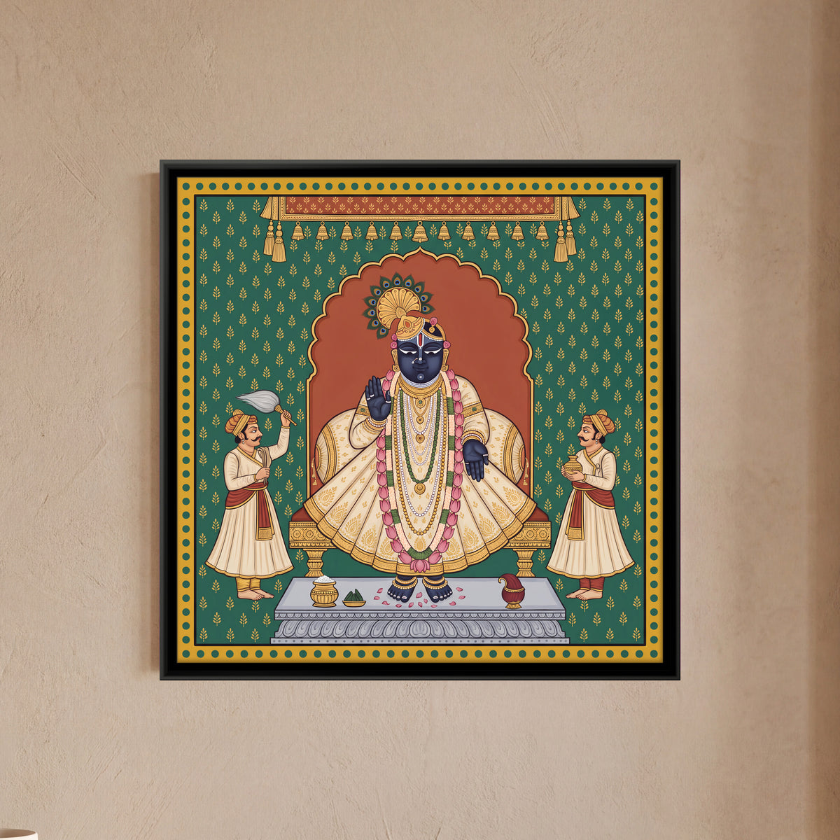 Shrinathji with Attendants - framed canvas art hung on a wall