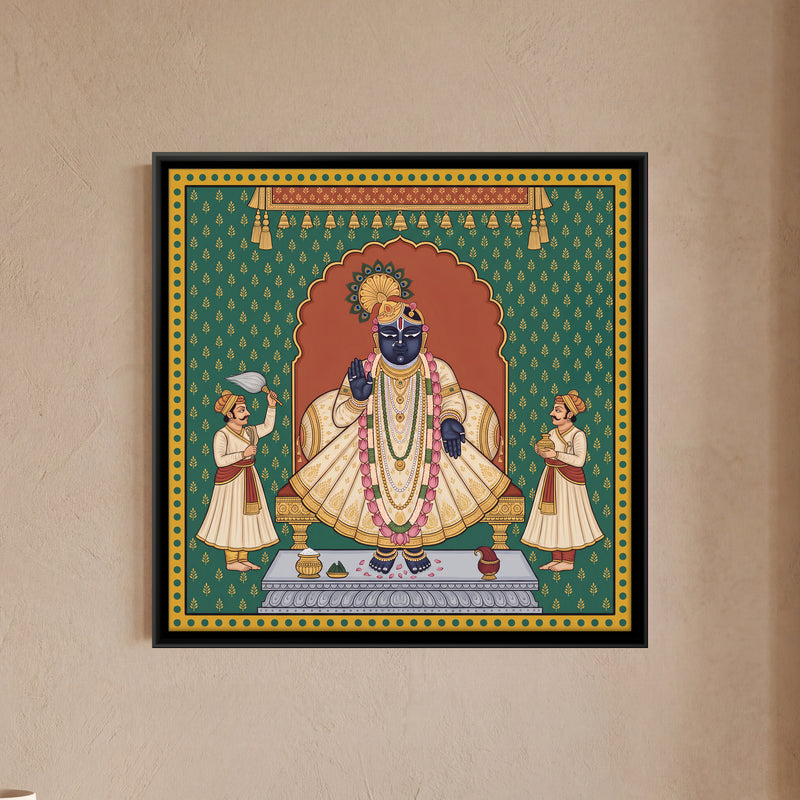 Shrinathji with Attendants - framed canvas art hung on a wall